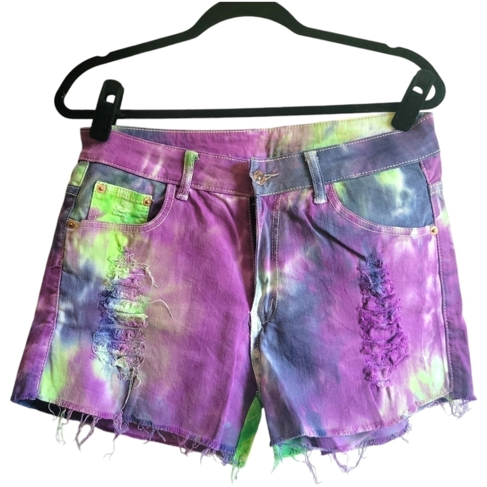 Joly's Purple Green Neon Tie Dye Jean Shorts Women size 34
